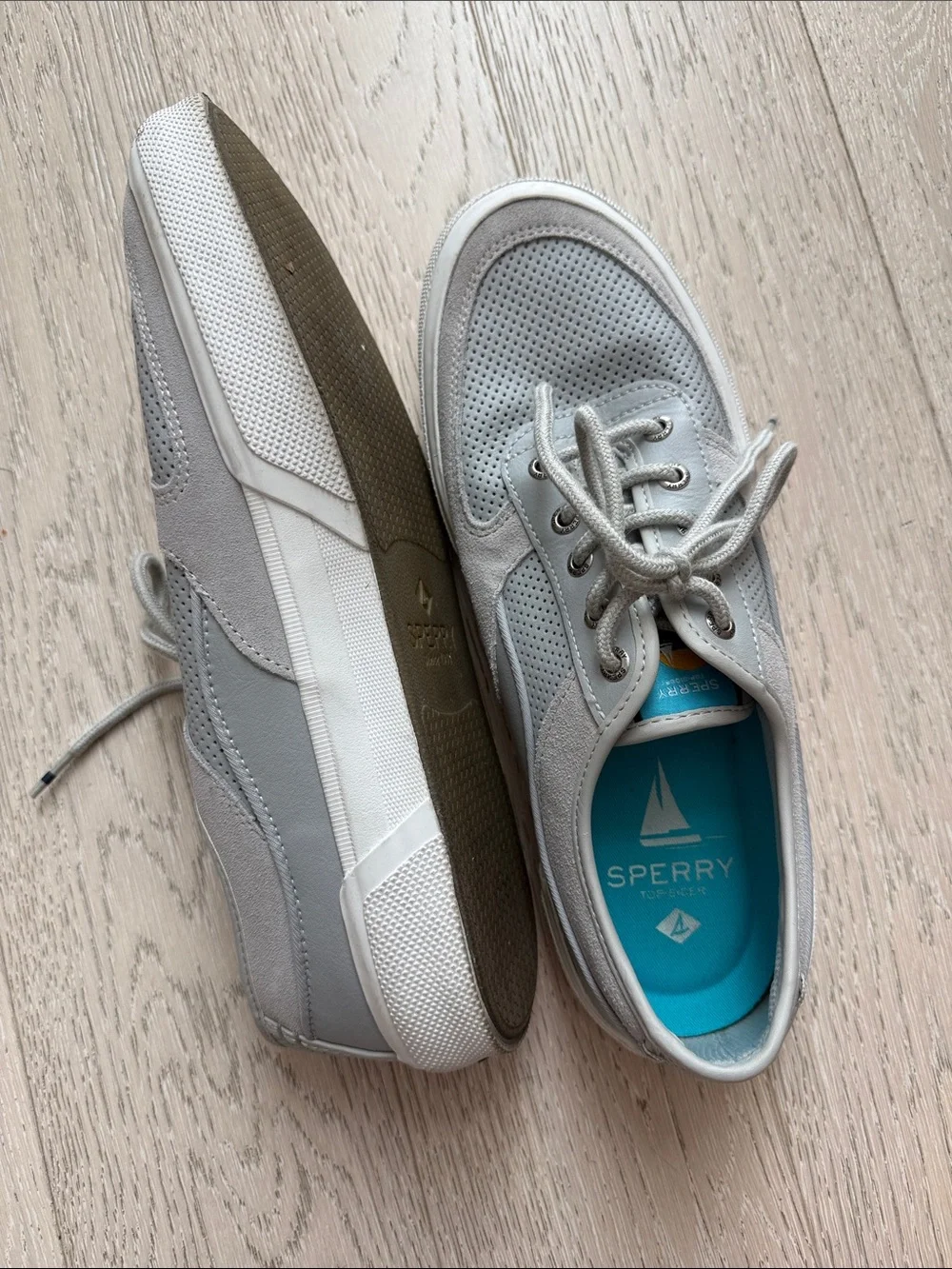 Sperry Light Gray Perforated Lace-Up Boat Shoes with Teal Insoles